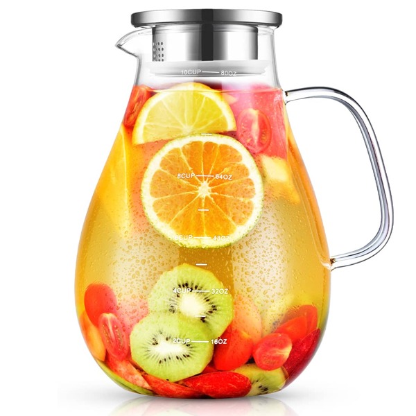 Glass Pitcher, veecom 80oz Water Pitcher with Lid, Large Glass Pitcher with Lid and Spout for Hot&Cold Beverage, Juice, Iced Tea Pitcher for Fridge, Borosilicate Glass Carafe/Jug with Brush Clear