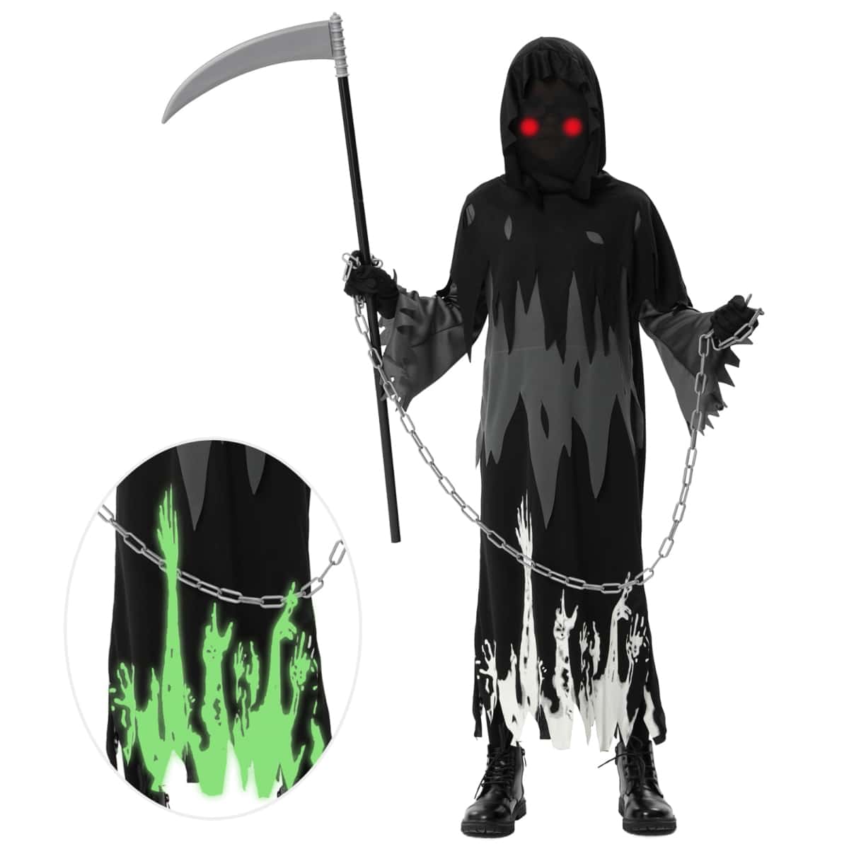 Halloween Boys Costume with Glowing Red Eyes,Glow in the Dark Phantom Costume with Scythe Chain Gloves - 黑色 - 查看 1
