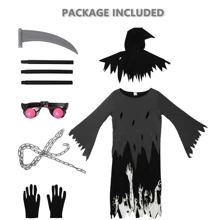 Halloween Boys Costume with Glowing Red Eyes,Glow in the Dark Phantom Costume with Scythe Chain Gloves - 黑色 - 查看 2