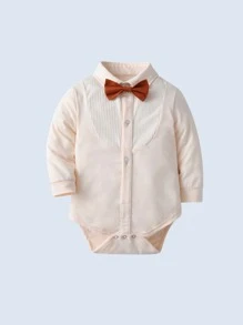 BOARNSEORL 2 件套男婴绅士服装套装，长袖衬衫配领结和吊带裤，适合生日派对、婚礼、周年纪念、圣诞节 - 杏色 - 查看 3