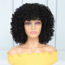 12英寸女士短卷發假髮帶瀏海,柔軟的非洲捲曲合成纖維耐高溫假髮,適合日常使用 - 黑色 - 查看 9