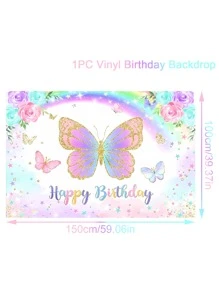 1pc Pink Butterfly PVC Happy Birthday Banner Background Cloth, Perfect For Birthday Party Backdrops - Multicolor - View 4