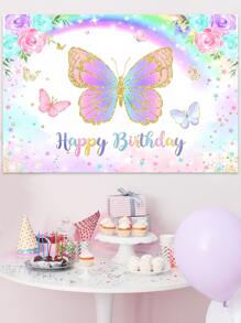 1pc Pink Butterfly PVC Happy Birthday Banner Background Cloth, Perfect For Birthday Party Backdrops - Multicolor - View 3