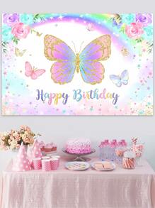 1pc Pink Butterfly PVC Happy Birthday Banner Background Cloth, Perfect For Birthday Party Backdrops - Multicolor - View 1