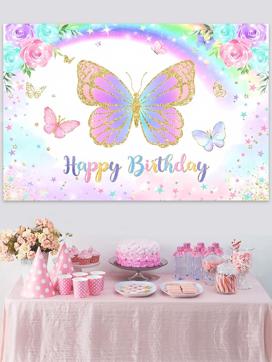 1pc Pink Butterfly PVC Happy Birthday Banner Background Cloth, Perfect For Birthday Party Backdrops - Multicolor - View 1