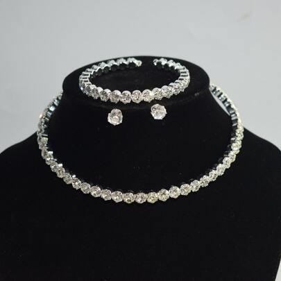 Classic Rhinestone Jewelry Set: Rhinestone Collar Necklace, Bracelet, Earrings And Choker Necklace. 3 Pieces Set.
