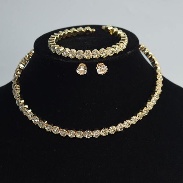 Clássico Jóias Strass Gola Set Bracelete Brincos Gola 3Peças Grande Broca Garra Colar de Corrente Set Roupas Acessórios