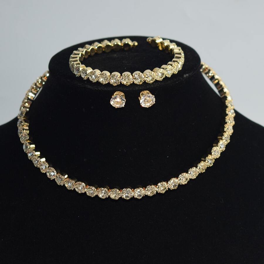 Clássico Jóias Strass Gola Set Bracelete Brincos Gola 3Peças Grande Broca Garra Colar de Corrente Set Roupas Acessórios