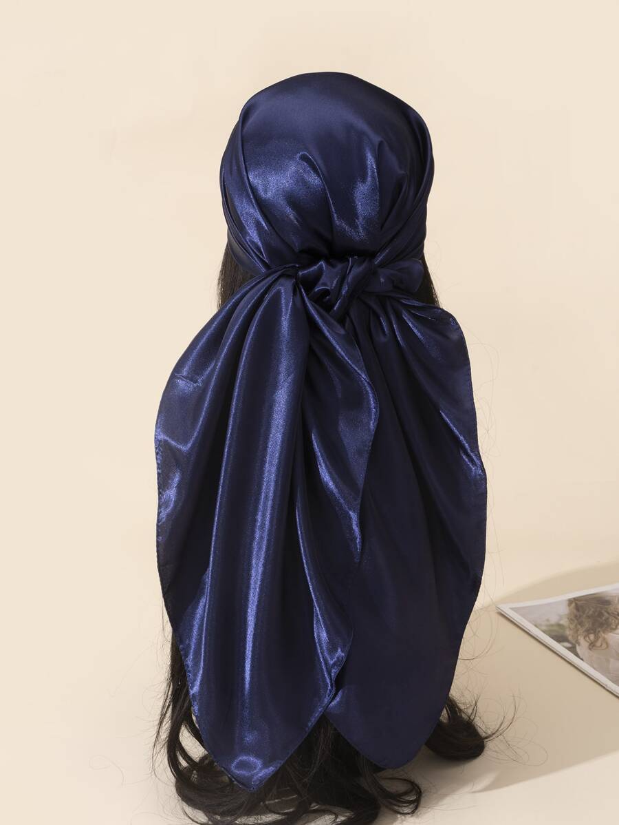 1pc Plain Colored Chiffon Scarf, 90cm Square - Navy Blue - View 1