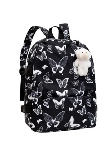 Mochila dulce con estampado de mariposa personalizado escuela estilo con colgante - Blanco y Negro - Ver 1