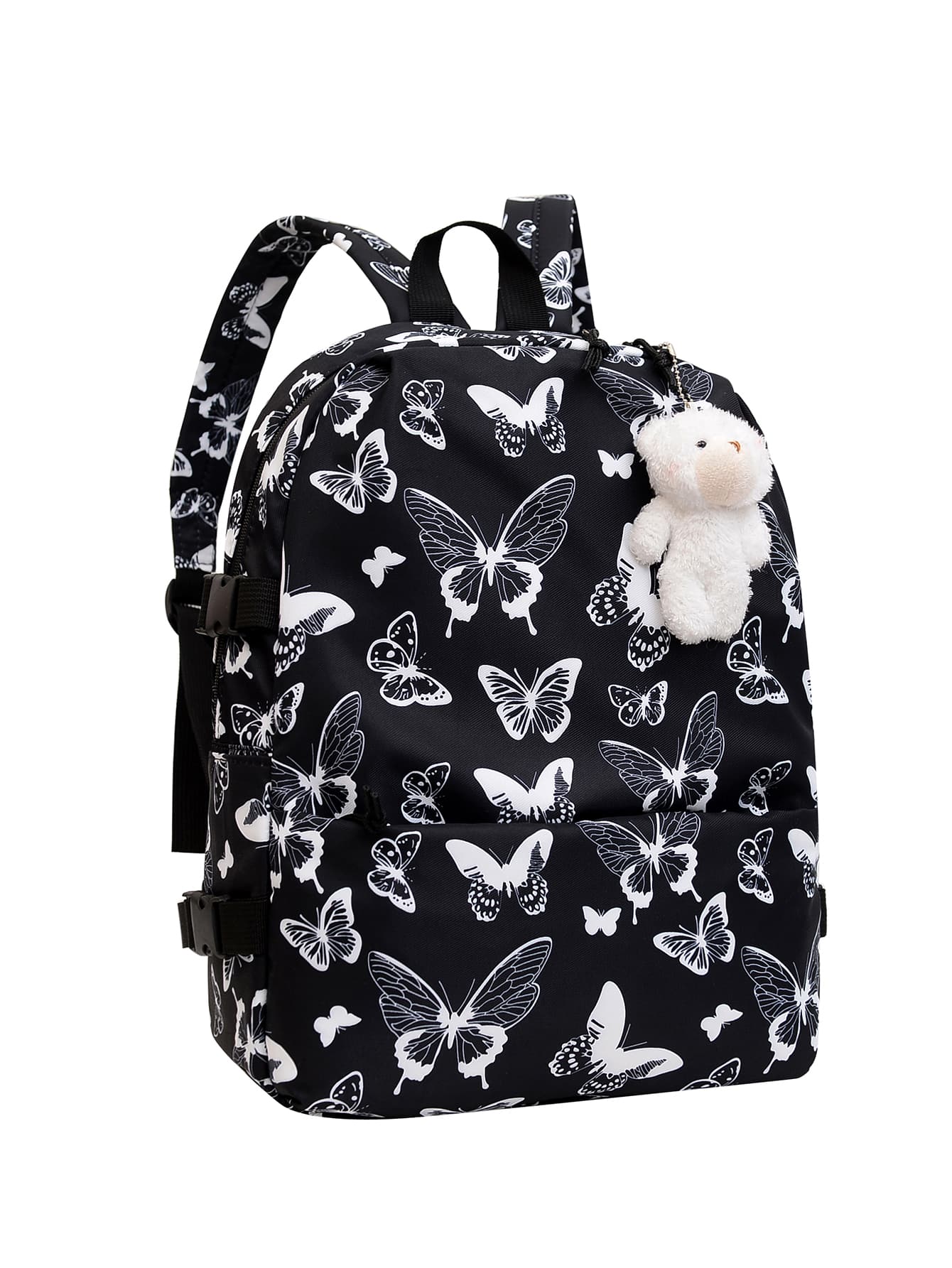 Mochila dulce con estampado de mariposa personalizado escuela estilo con colgante - Blanco y Negro - Ver 1