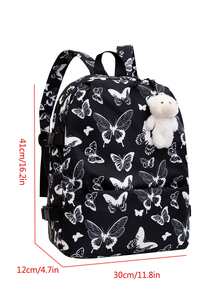Mochila dulce con estampado de mariposa personalizado escuela estilo con colgante - Blanco y Negro - Ver 8