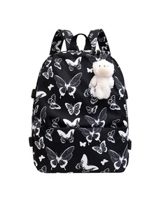 Mochila dulce con estampado de mariposa personalizado escuela estilo con colgante - Blanco y Negro - Ver 2