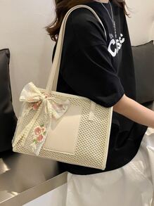 Bolsa de paja ligera y casual con decoración de lazo para adolescentes, mujeres y estudiantes universitarias, perfecta para la universidad, el aire libre, los viajes, las salidas, bolso de hombro, bolso tipo Boston, bolso de playa, vacaciones, casual, bolso de playa llamativo para el verano, bolso de playa de paja de verano para mujeres, los bolsos de playa talla grande populares para mujeres, bolso de verano de vacaciones de moda, bolsos de mujer esenciales para vacaciones y días festivos