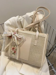 Bolsa de paja ligera y casual con decoración de lazo para adolescentes, mujeres y estudiantes universitarias, perfecta para la universidad, el aire libre, los viajes, las salidas, bolso de hombro, bolso tipo Boston, bolso de playa, vacaciones, casual, bolso de playa llamativo para el verano, bolso de playa de paja de verano para mujeres, los bolsos de playa talla grande populares para mujeres, bolso de verano de vacaciones de moda, bolsos de mujer esenciales para vacaciones y días festivos