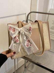 Bolso de hombro con diseño de flor de punto hueco a la moda, bolso de lazo de para mujeres