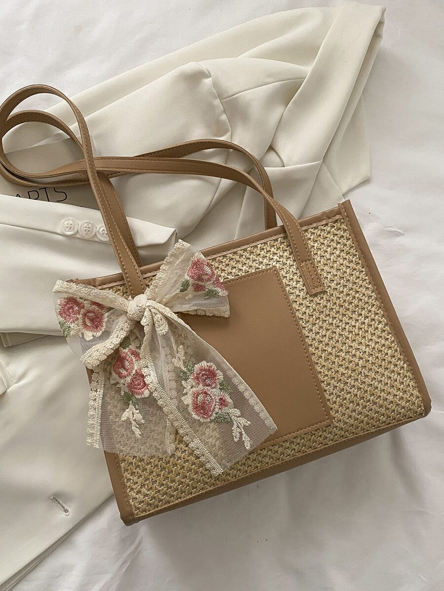 Bolso de hombro con diseño de flor de punto hueco a la moda, bolso de lazo de para mujeres