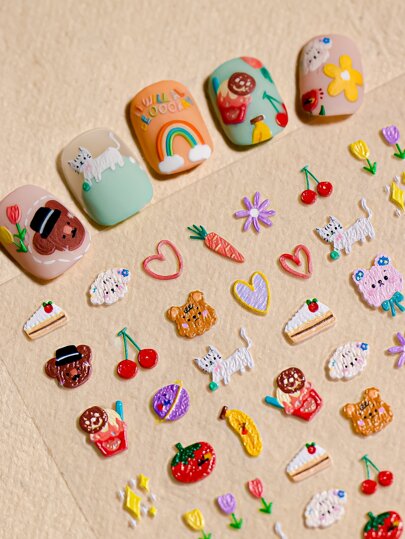 1入夏季清新可愛動物野餐圖案，可愛動物水果花卉系列美甲貼紙適用於女孩和美甲技師DIY搭配使用