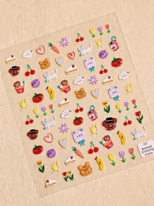 1入夏季清新可愛動物野餐圖案，可愛動物水果花卉系列美甲貼紙適用於女孩和美甲技師DIY搭配使用