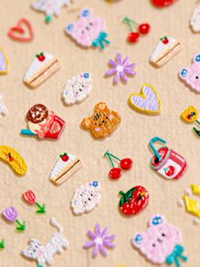 1入夏季清新可愛動物野餐圖案，可愛動物水果花卉系列美甲貼紙適用於女孩和美甲技師DIY搭配使用