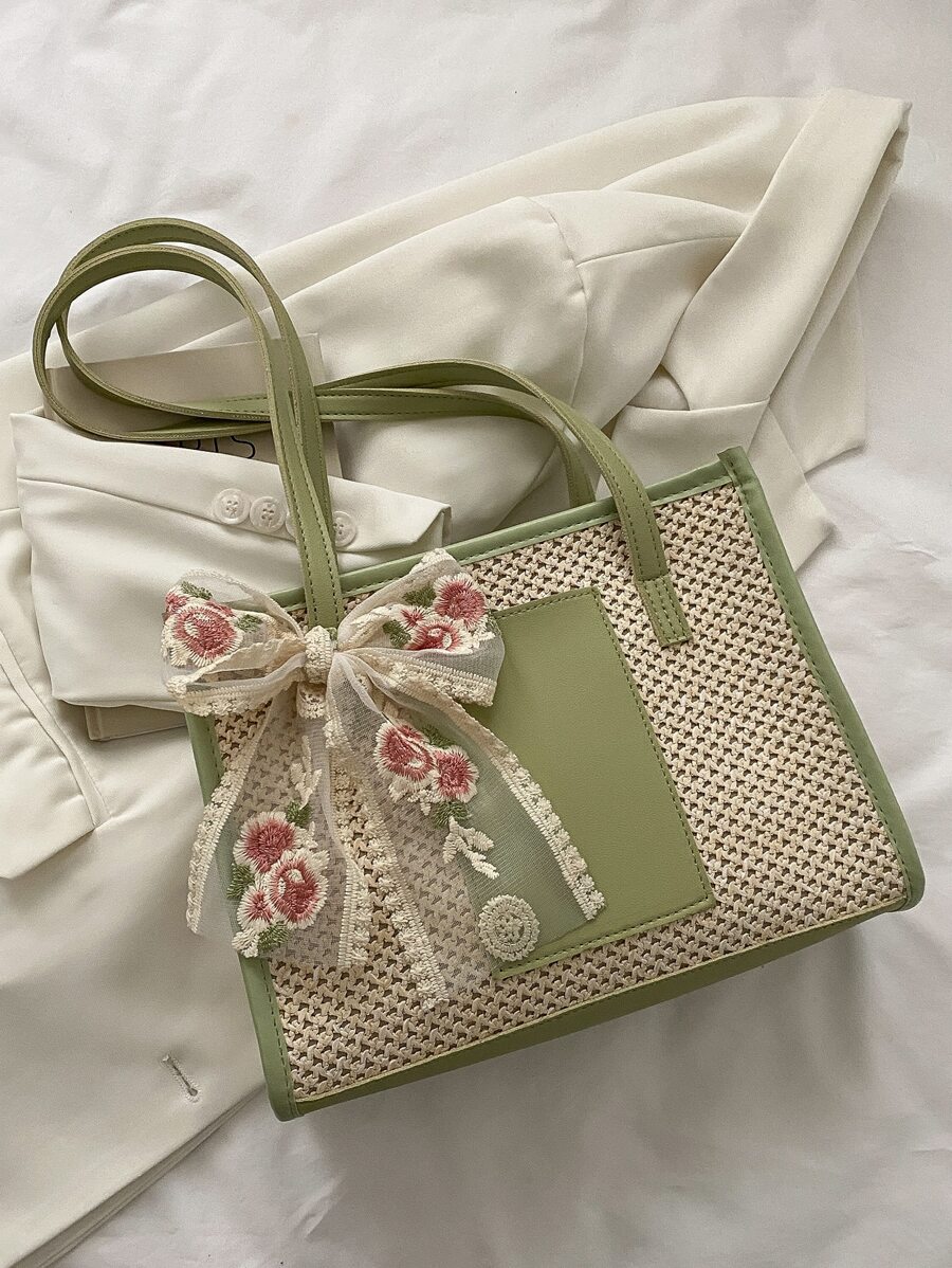 時尚鏤空編織花朵設計圍巾單肩包 - 綠色 - 查看 1