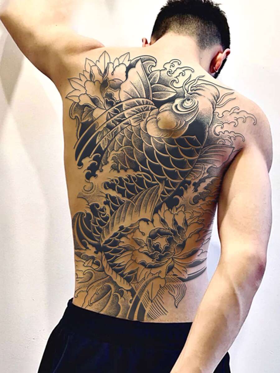 充分後錦鯉魚臨時紋身貼適合男士,傳統風格,防水, - 黑色 - 查看 1