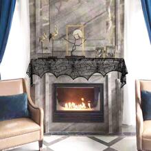 1pc-Halloween Cobweb Fireplace Scarf, Black Lace Spiderweb Mantle Scarf For Halloween Home Party Supplies, 18 X 96 Inch - Black - View 6