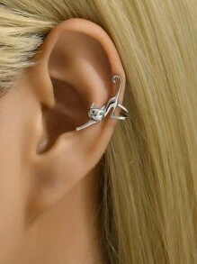 1入組金屬質感卡通貓設計耳夾 - 銀色 - 查看 1