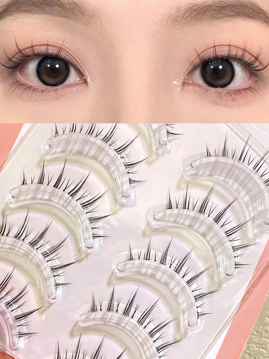 5 对柔软全条可重复使用十字交叉鱼骨 8-10 毫米超细黑色茎自然逼真卡通风格长浓密全条欧美风格假睫毛，休闲日常化妆必备条状睫毛，睫毛，睫毛，假睫毛 - 黑色 - 查看 1