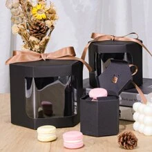 24pcs Black Hexagonal Bow Gift Boxes With Transparent Window, Cardboard Packaging Boxes For Gifts, Birthday Party, Holidays - Black - View 4