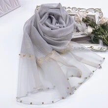 Khăn choàng đính cườm màu xám trơn làm bằng lụa và len pha trộn dành cho nữ, khăn choàng cổ đính cườm hai hàng phong cách thanh lịch Hoàn hảo để đi du lịch vào mùa hè, chống nắng và giữ ấm trong mùa thu và mùa đông - Xám - Xem 2