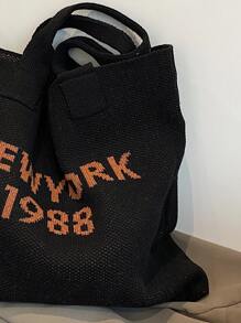 Letter Graphic Crochet Bag Large Capacity Double Handle - Black - View 4