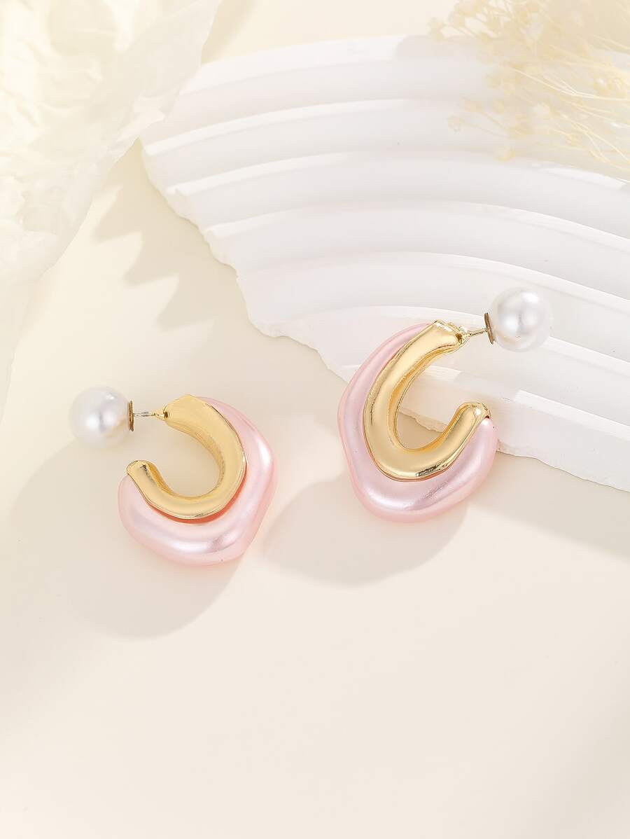 MESTILO 1pair Resin & Metallic Faux Pearl Design Front & Back Earrings - Pink - View 1
