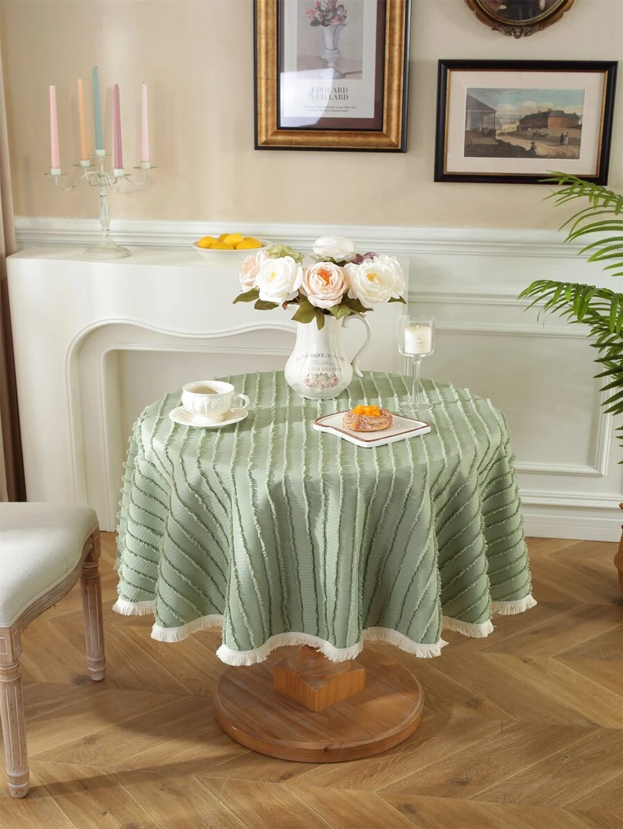 1pc Thickened Polyester Round Tablecloth With Scalloped Stripes - Green - View 1