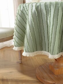 1pc Thickened Polyester Round Tablecloth With Scalloped Stripes - Green - View 5