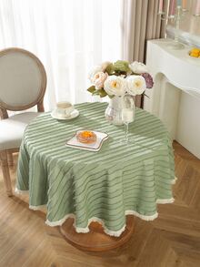 1pc Thickened Polyester Round Tablecloth With Scalloped Stripes - Green - View 4