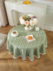 1pc Thickened Polyester Round Tablecloth With Scalloped Stripes - Green - View 3