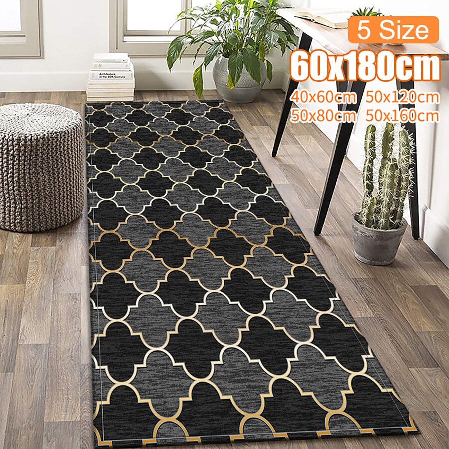 Moroccan Geometric Textured Runner Rug Kitchen Rugs With Non-Slip Mat Carpet For Kitchen Living Bath Room Corridor Bed Sofa - Black - View 1