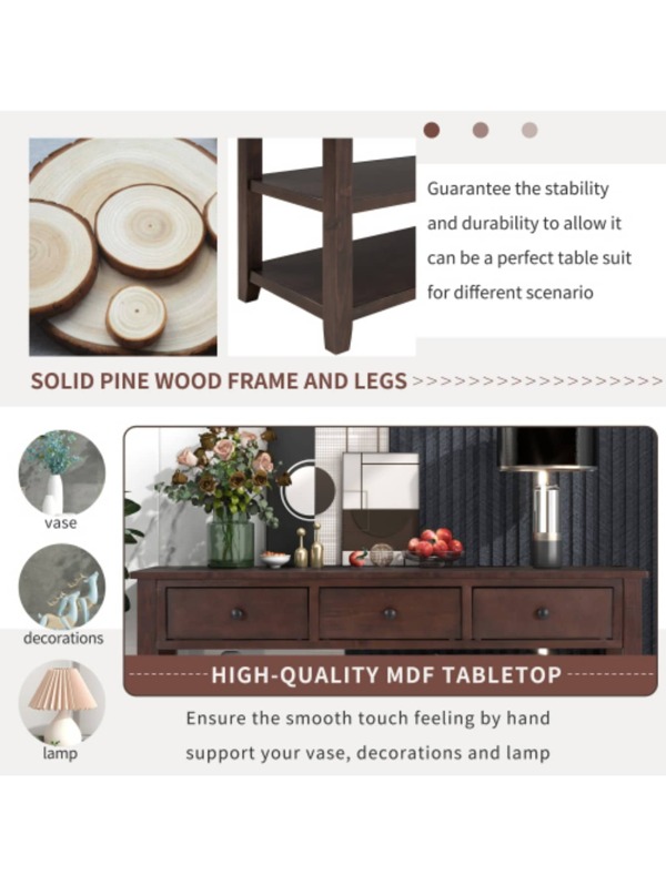 50 Inch Retro Design Console Table Sofa Table with 3 Drawers and 2 Open