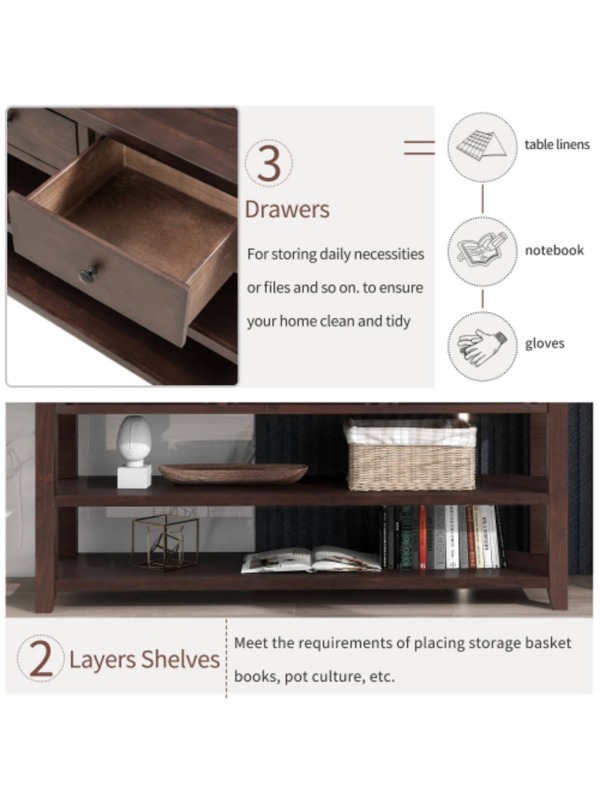50 Inch Retro Design Console Table Sofa Table with 3 Drawers and 2 Open