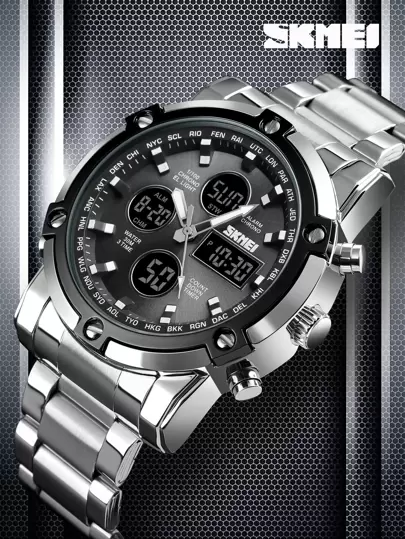 Skmei Hombres 1 pieza Reloj digital plata de acero inoxidable con tira de moda impermeable redondo esfera , para decoración diaria