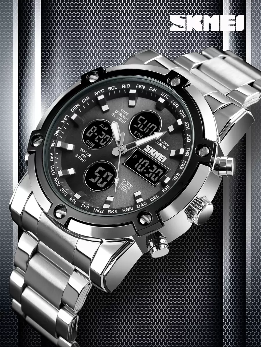 Skmei 1pc Men Silver Stainless Steel Strap Fashionable Water Resistant Round Dial Digital Watch, For Daily Decoration - 黑與白 - 查看 1