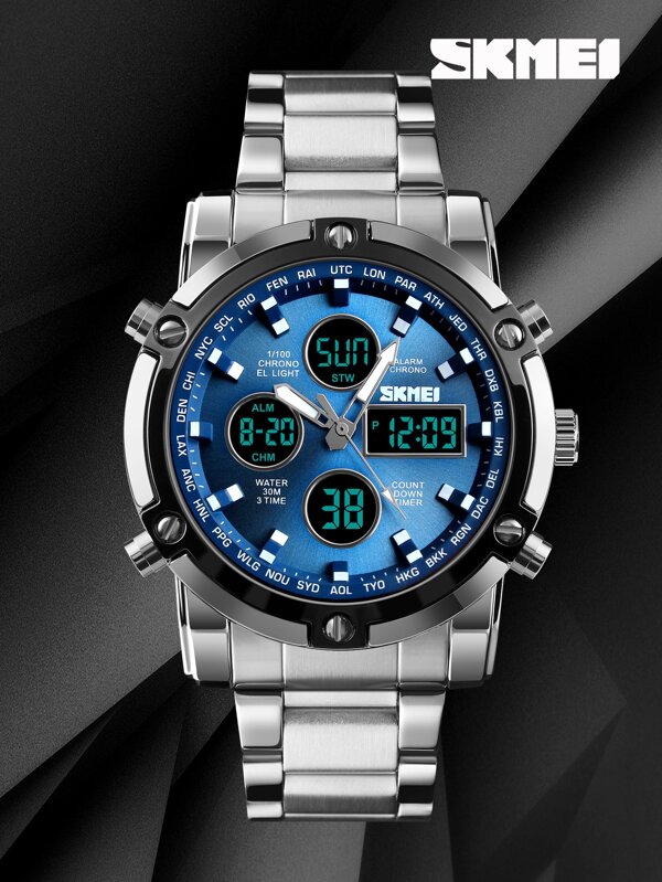 Skmei 1pc Men Silver Stainless Steel Strap Fashionable Water Resistant Round Dial Digital Watch, For Daily Decoration
