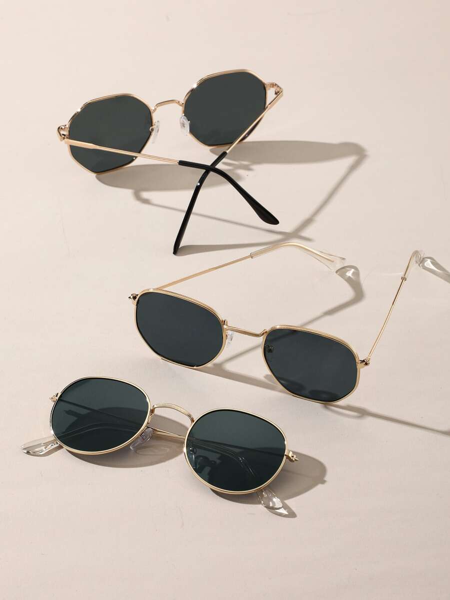Vintage 3pcs Metal Frame Classic Geometric Shape Sunglasses Set With
