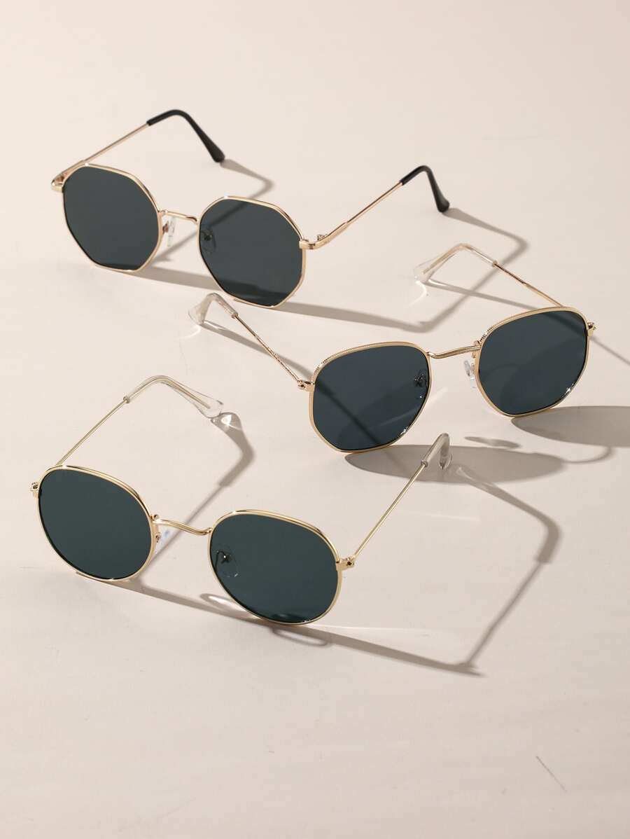 Vintage 3pcs Metal Frame Classic Geometric Shape Sunglasses Set With