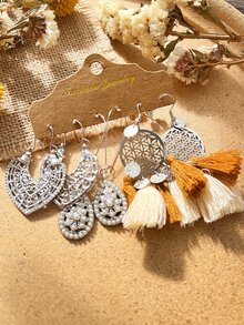 3對/套波西m亞西方風格流蘇耳環適合女士,節日配件 - 銀色 - 查看 9