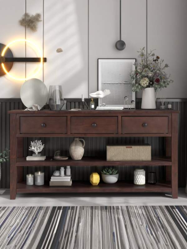 50 Inch Retro Design Console Table Sofa Table with 3 Drawers and 2 Open