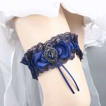 Navy Blue Lace Garter With Elastic Band & Heart Shaped Rhinestone Decor For Bride, Wedding Accessories - Navy Blue - View 5