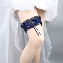 Navy Blue Lace Garter With Elastic Band & Heart Shaped Rhinestone Decor For Bride, Wedding Accessories - Navy Blue - View 3