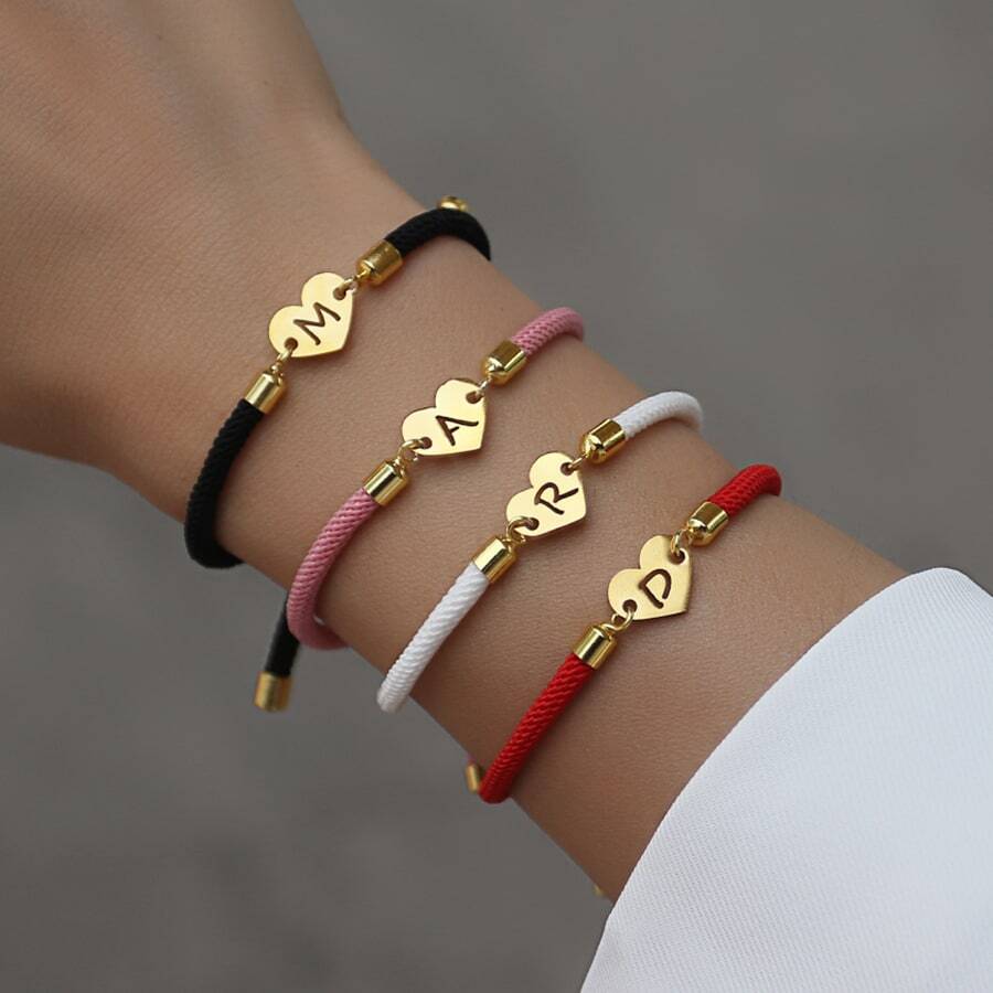 1 件不锈钢心形字母手链女式可调节绳手链女士情人节 - 字母 - 查看 1